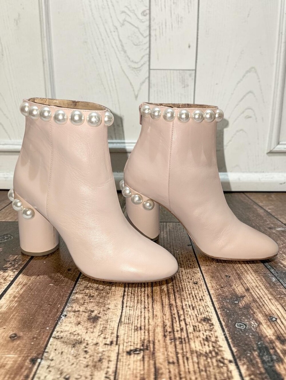 Katy Perry Blush Pink Pearl Embellished Block Heel Booties 8.5